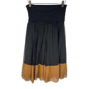 Donna Karan Collection Silk Midi Skirt S Black Bronze Hem Fold Over Waist EUC!